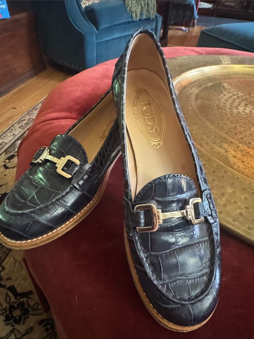 Tod's Navy  Croc-Embossed Leather Loafers with Gold-Tone Buckle